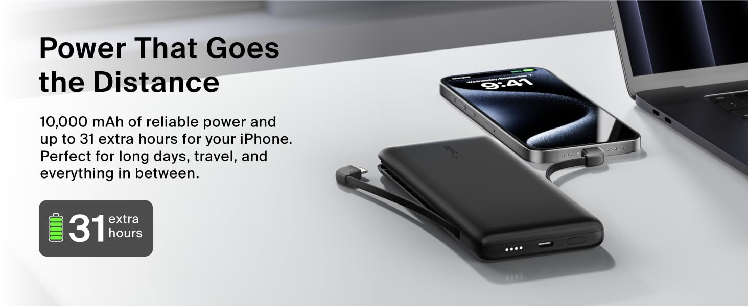 Image of portable charger with phone with text reading power that goes the distance.