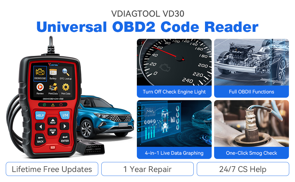 VDIAGTOOL VD30 OBD2 Code Reader with 10 OBDII Functions 4 in 1 Live