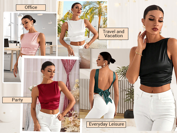 SHENHE Women's Satin Crop Top Ruched Tie Bow Tops Sexy Boat