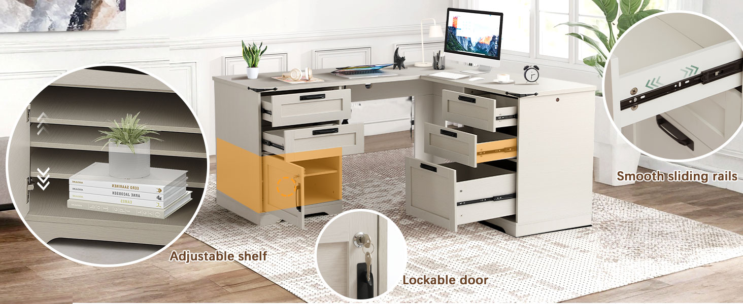 Rustic L Shaped Desk with Storage File Cabinet
