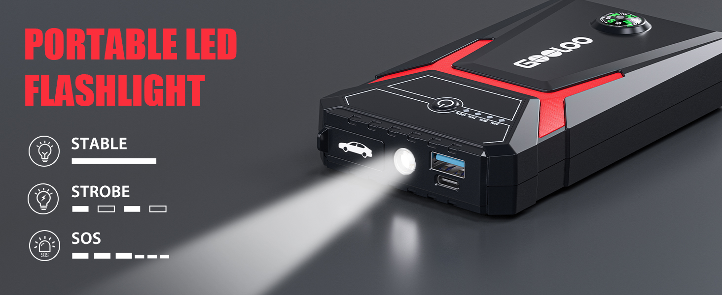 Portable LED flashlight with stable, strobe, and SOS modes. Black and red device shown emitting bright white beam.