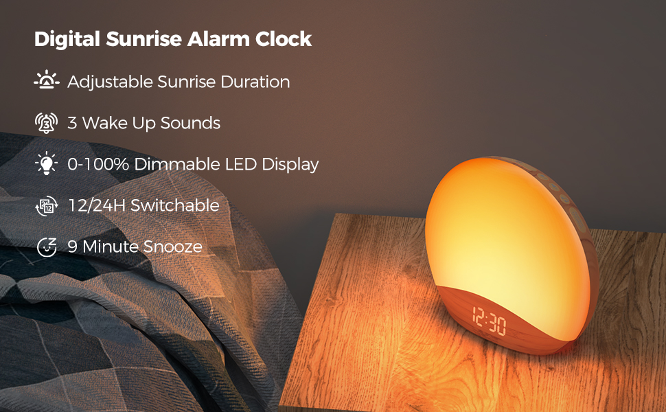 REACHER Wooden Sunrise Simulation Alarm Clock, Sound