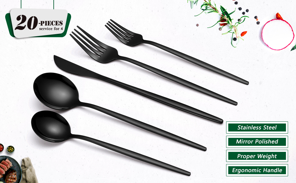 20 Pieces Black Silverware Set, Stainless Steel Flatware