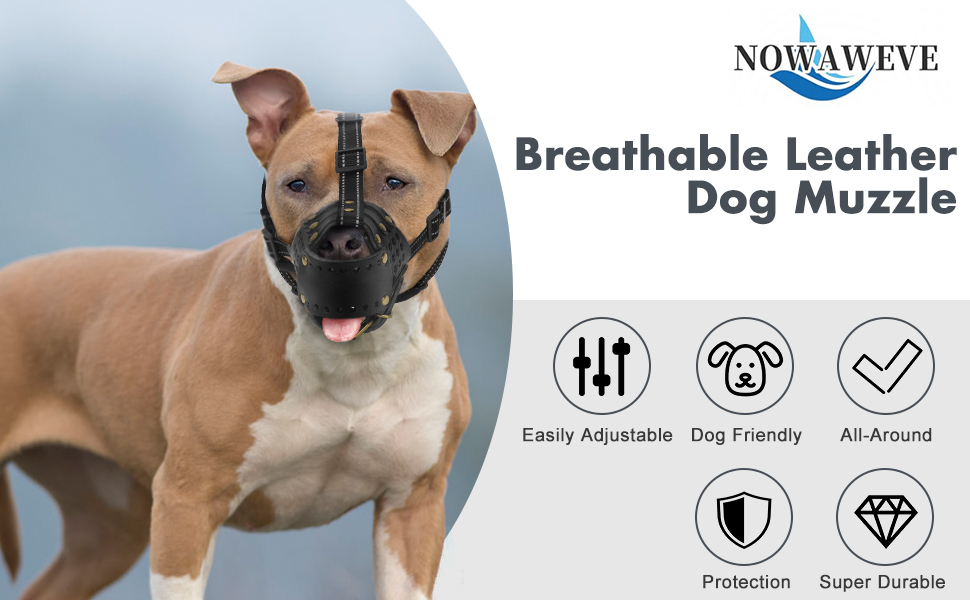 Pitbull Muzzle, AntiEscape Leather Basket Muzzle for Medium and Large Dogs to