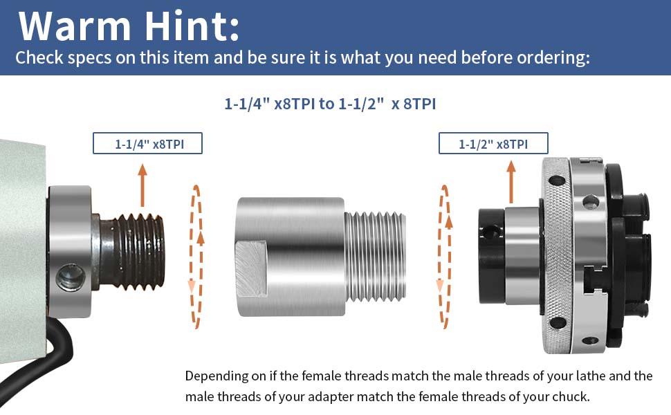 PNBO Woodworking Lathe Headstock Spindle Adapter, Converts 11/4" x 8tpi to 11/2" x 8tpi