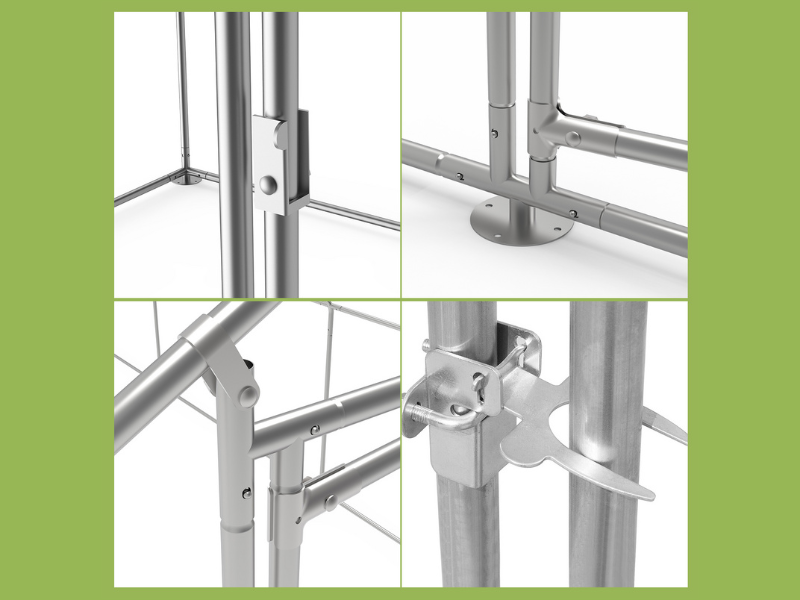 Nahaufnahmen von Verbindungsstellen und Verbindungen aus Metall für ein modulares Rahmen- oder Geländersystem, die verschiedene Befestigungsmechanismen und verstellbare Komponenten zeigen