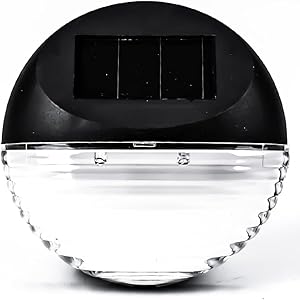 Round solar light facing forward, wall light black with solar panel on top