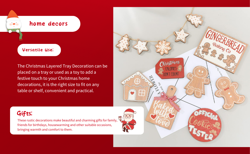 Christmas-themed decorations including gingerbread-shaped ornaments, star garland, and Santa Claus figure. Product described as festive home decor and potential gift item.