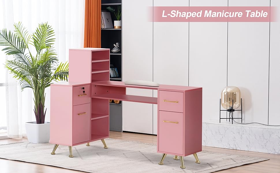 BarberPub LShaped Manicure Table with Drawers and Shelves
