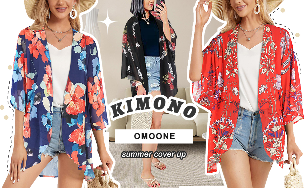 Omoone Women's Beach Cover Up Floral Print Chiffon Summer Swimwear Kimono Cardigan