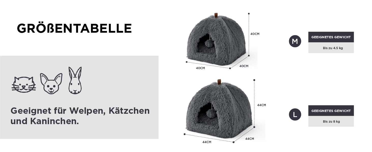 Der Text lautet „GRÖSSENTABELLE“, gefolgt von Symbolen für Haustiere. Zwei graue kuppelförmige Hundebetten, dargestellt mit Größenangaben und Maßangaben.