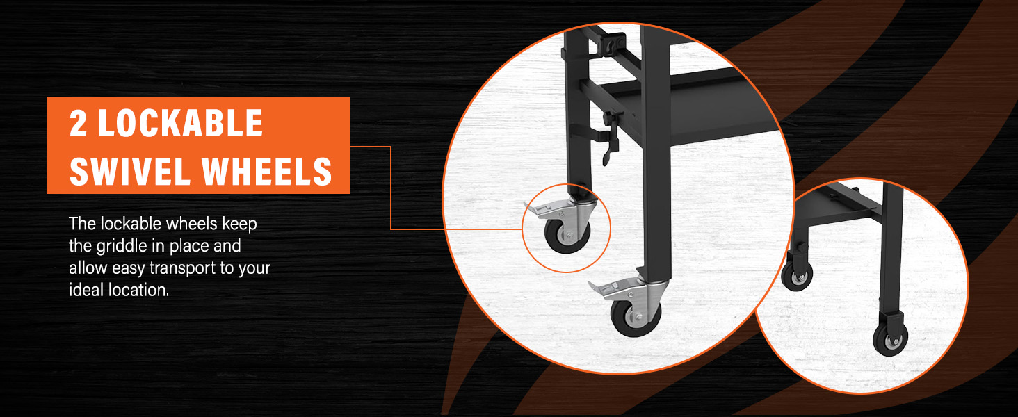 Two lockable swivel wheels, highlighting smooth movement and secure positioning.