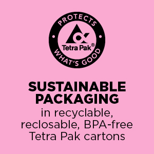 Sustainable packaging in recyclable, reclosable, BPA-free Tetra Pak cartons.