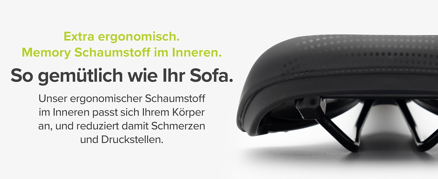 Schwarzes ergonomisches Kissen oder Sitzpolster mit Memory-Foam-Innenausstattung, dargestellt in Profilansicht mit deutschem Text, der die Komfortmerkmale beschreibt