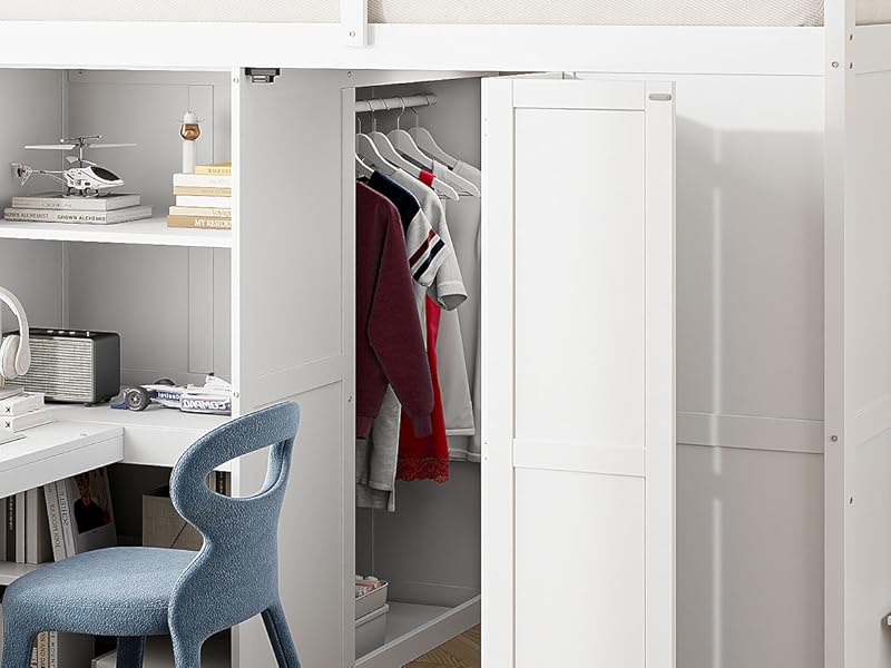 Merax Full Size Loft Bed, Wood Bedframe with Wardrobe, Desk