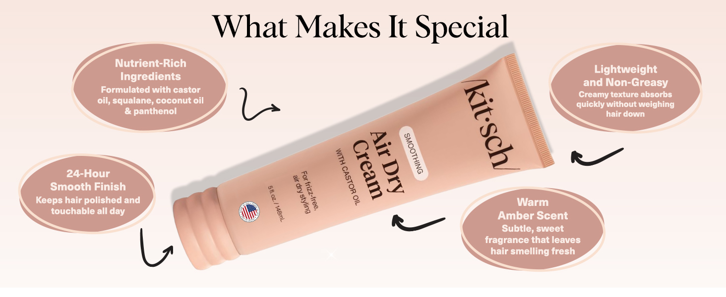 Kitsch Smoothing Air Dry Cream for Hair Frizz Control Hair Care Product with Castor Oil