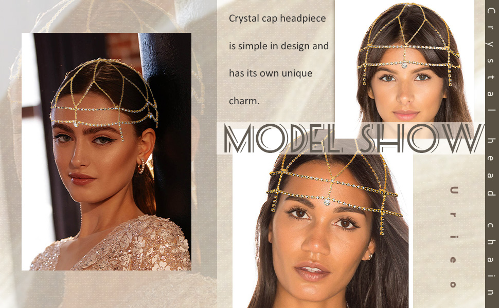 Rhinestone Cap Headpiece Gold Crystal Flapper Head Chain Tassel Gatsby 