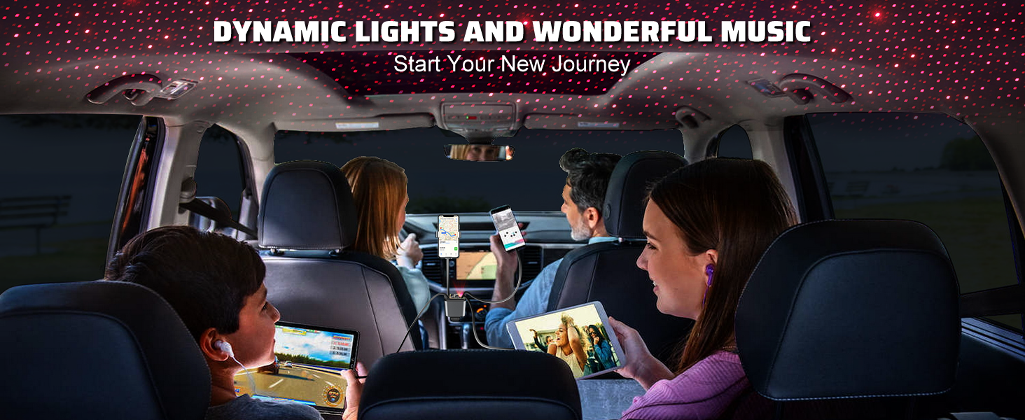 Le texte indique « LUMIÈRES DYNAMIQUES ET MUSIQUE MERVEILLEUSE » et « COMMENCEZ VOTRE NOUVEAU VOYAGE ». Scènes intérieures de voitures montrant une cabine illuminée avec des passagers.