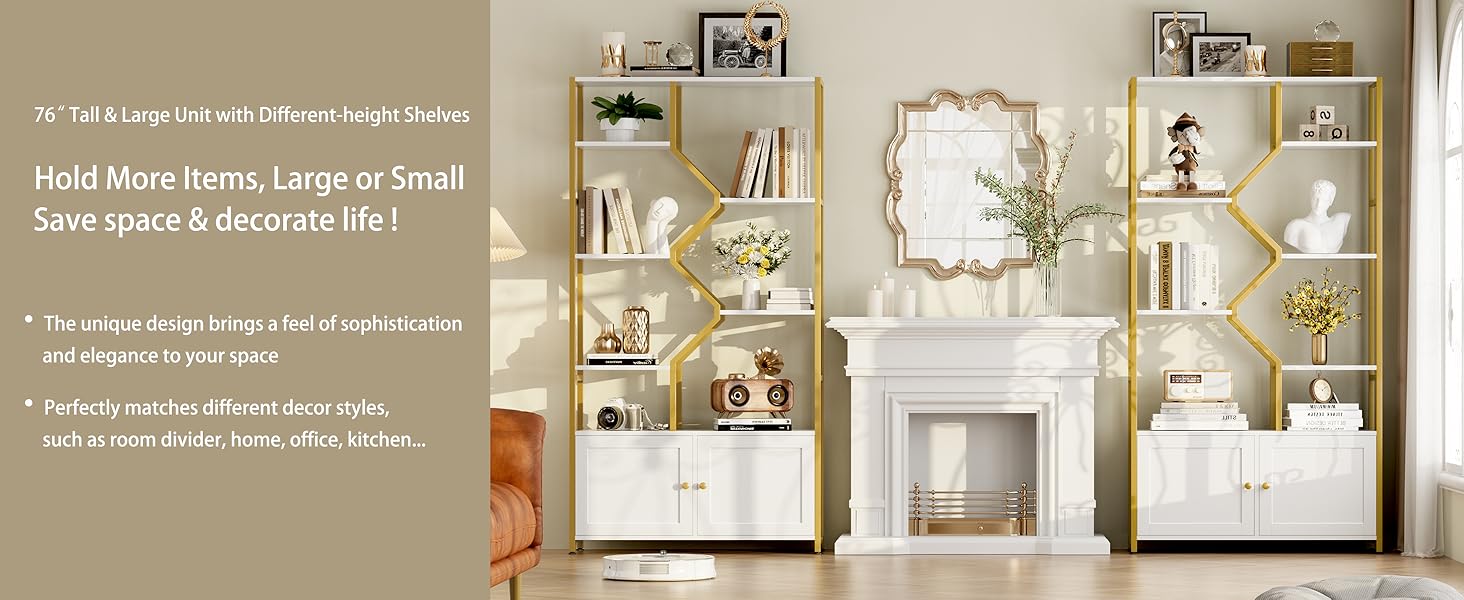 tall and large bookshelf gold