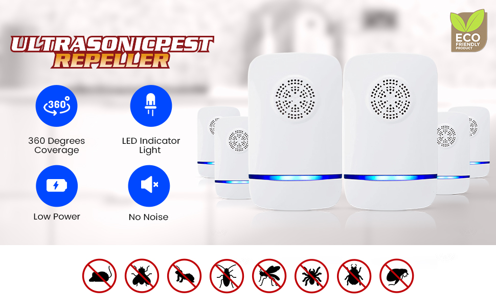 Ultrasonic Pest Repeller with 360 Degrees Coverage, LED Indicator Light, Low Power and No Noise