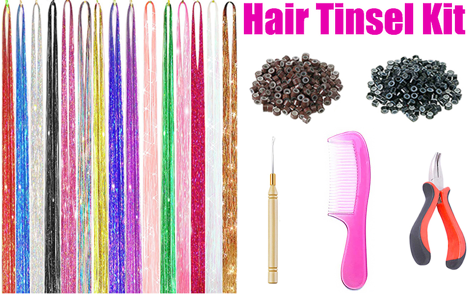 15 Colors Hair Tinsel with Tools Kit 43 Inch 3000 Strands