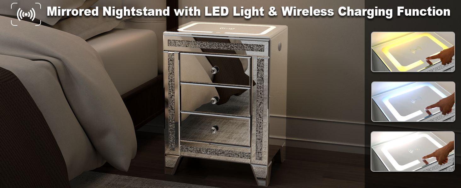 Silver Nightstand with LED, Mirrored End Table with
