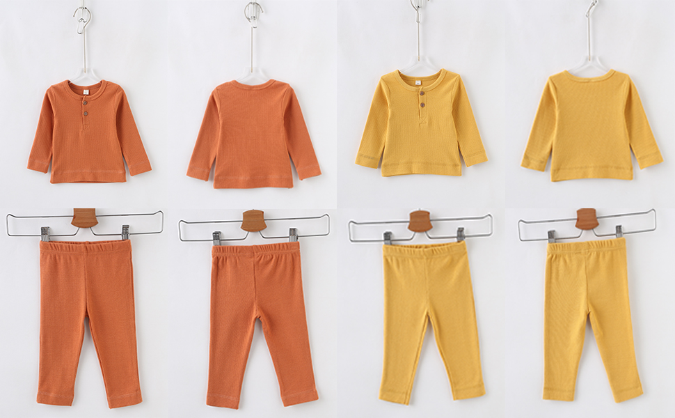 Two sets of orange and yellow baby ribbed tops and trousers sets