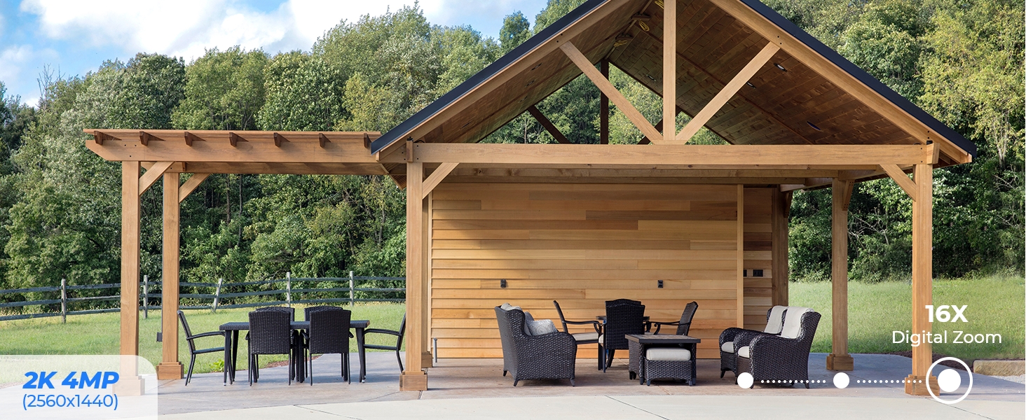 Capture 2K videos with 16X digital zoom and cover every corner within 33ft at night.