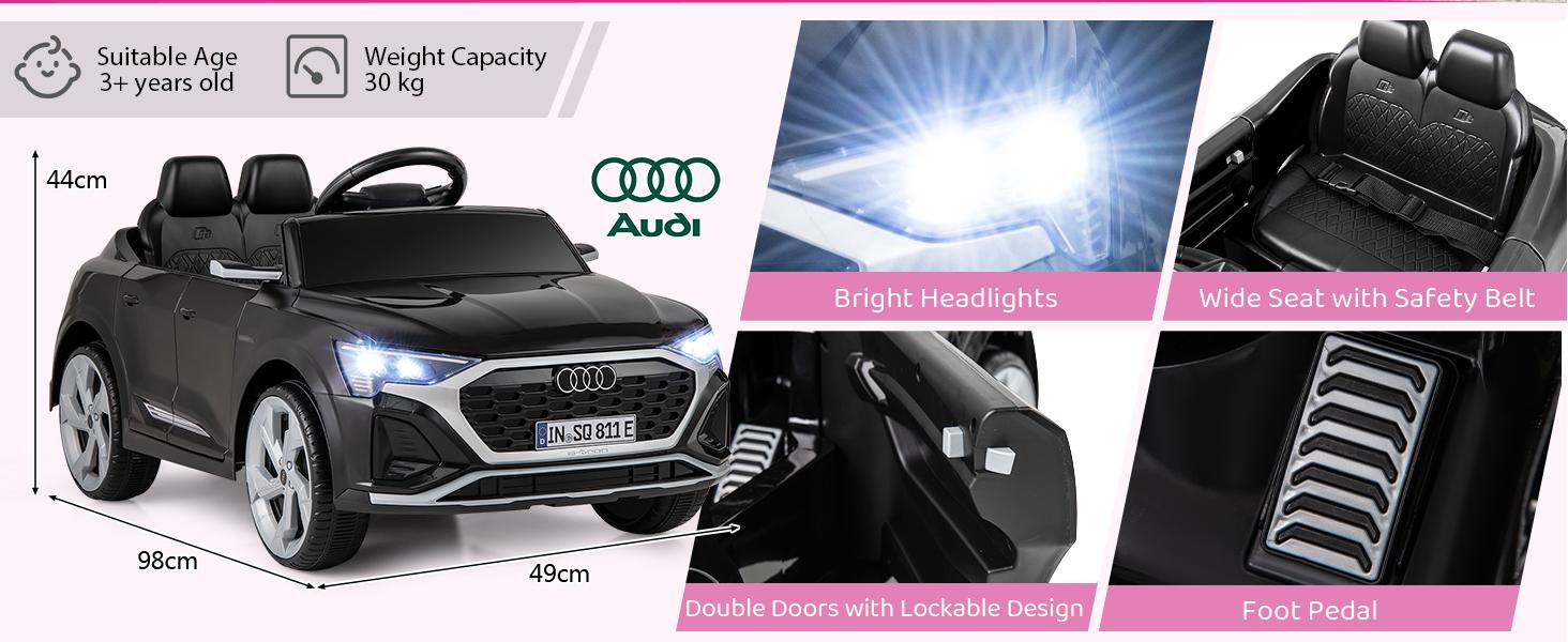 Child's electric ride-on toy car in Audi design, shown with LED headlights and multiple detail images highlighting features.