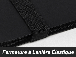 Le texte indique « Fermeture à Lanière Elastique ». Gros plan sur un matériau texturé noir avec détail de fermeture par sangle élastique.