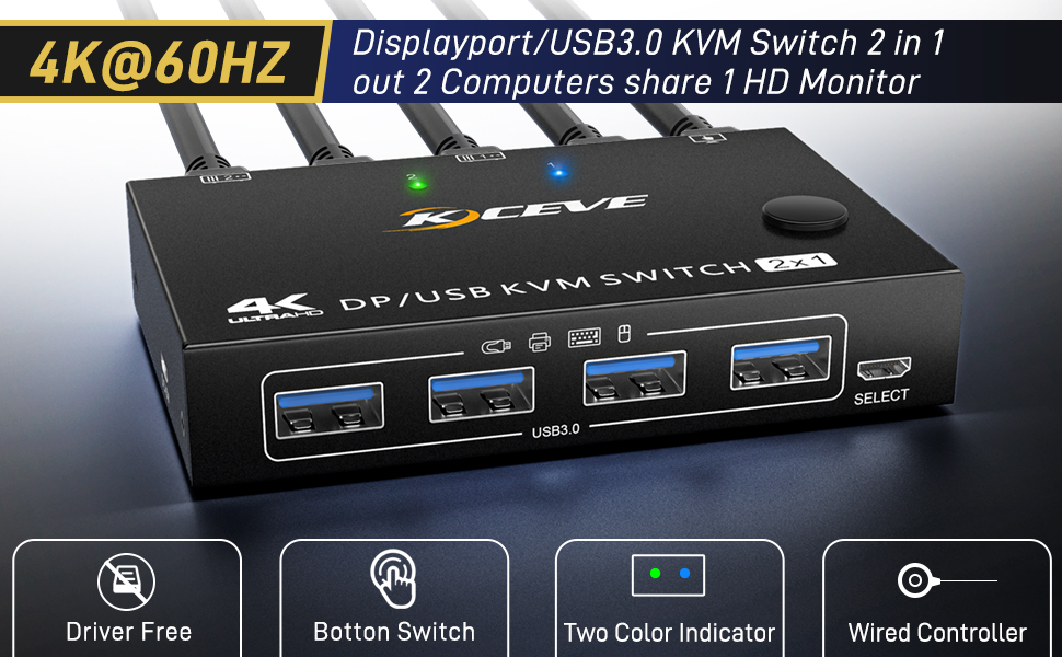 USB 3.0 Displayport KVM Switch 2 in 1 Out, 2 Port DP KVM Switcher