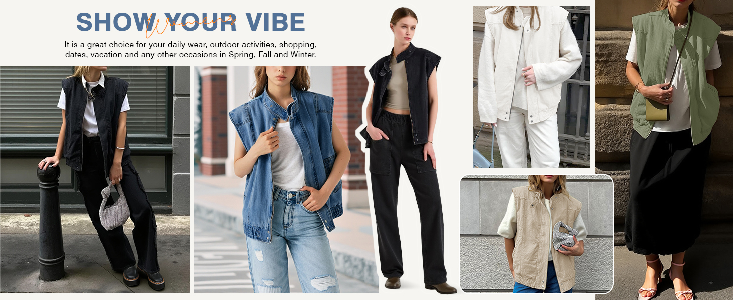 Womens Denim Vest Stand Collar Zip Up Jean Vest Utility Cargo Sleeveless Oversized Jackets