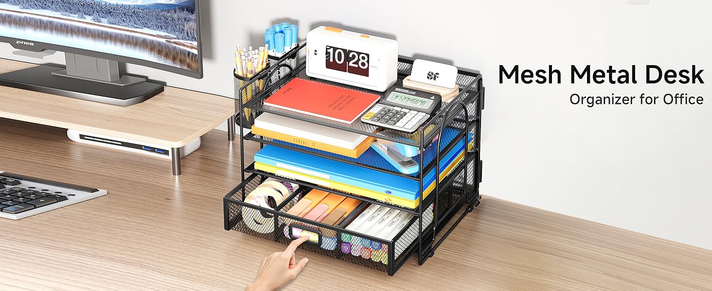 4 Tier Mesh Metal Desk Organizer  with 2 Pen Holders for Office