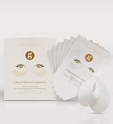 Eye-shaped under-eye masks with gold logo. Product box and multiple packaged masks displayed. Collagen booster mentioned on packaging. White and gold color scheme.