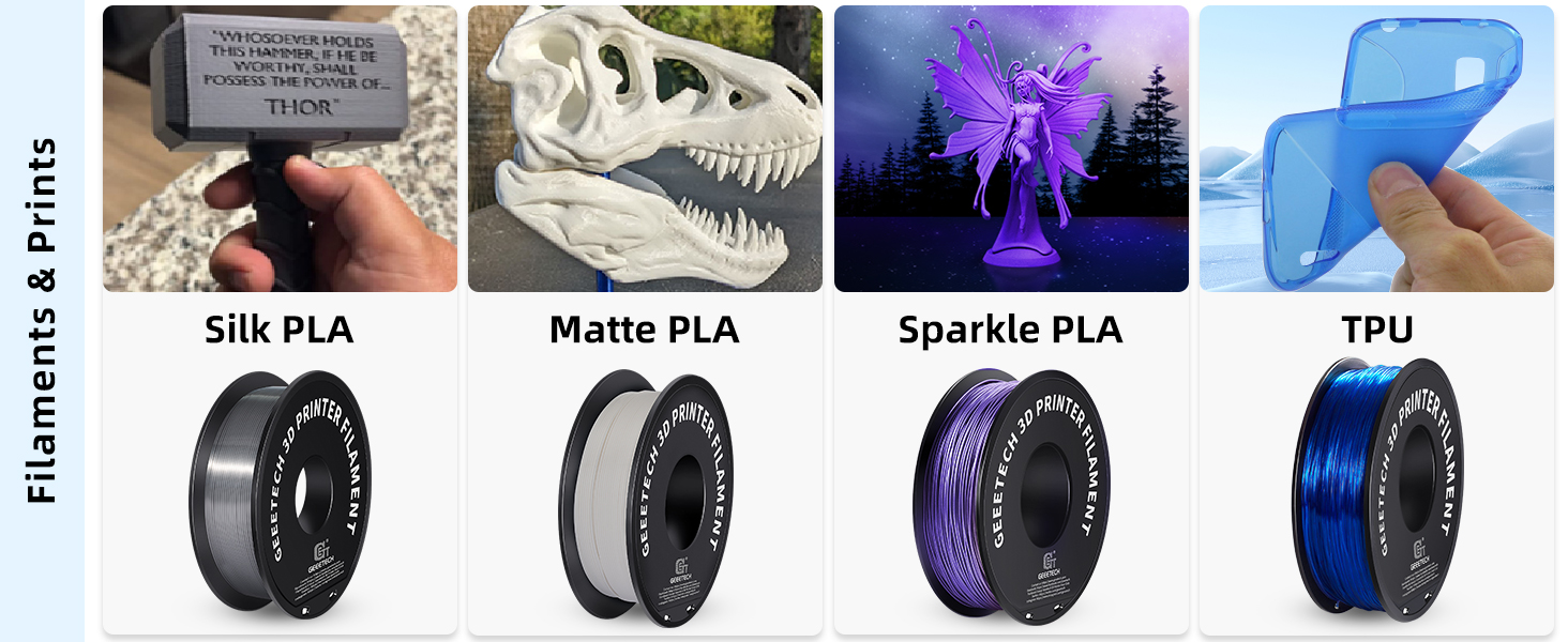 filaments prints models silk matte sparkle pla tpu 1kg 1.75mm 