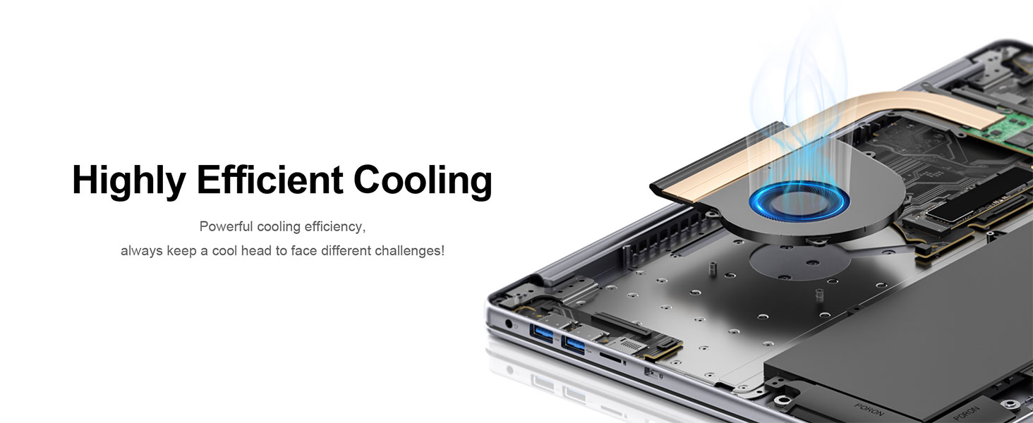 Text reads 'Highly Efficient Cooling'. Technical diagram showing laptop cooling system components with thermal design and heat dissipation elements illustrated in cross-section view.