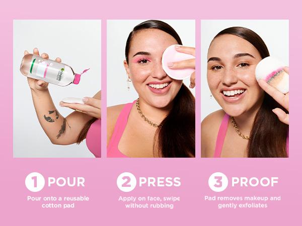 easy to use: pour onto cotton pad, press and swipe, no rinsing needed