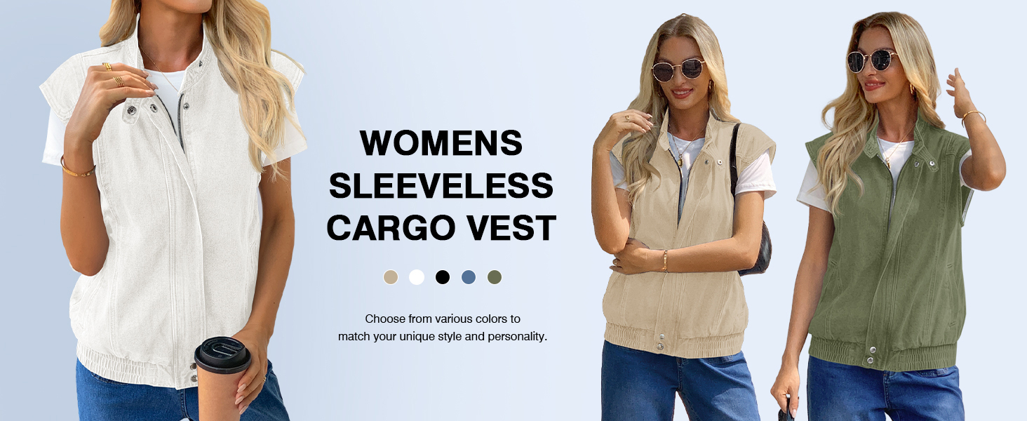 Womens Denim Vest Stand Collar Zip Up Jean Vest Utility Cargo Sleeveless Oversized Jackets