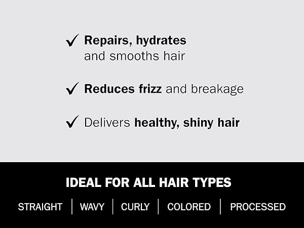 repairs, hydrates and smooths hair, reduces frizz and breakage, delivers healthy & shiny hair