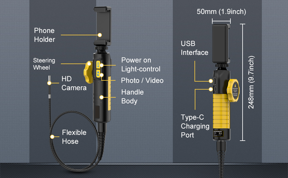 Borescope Inspection Camera, TwoWay 210°Articulating