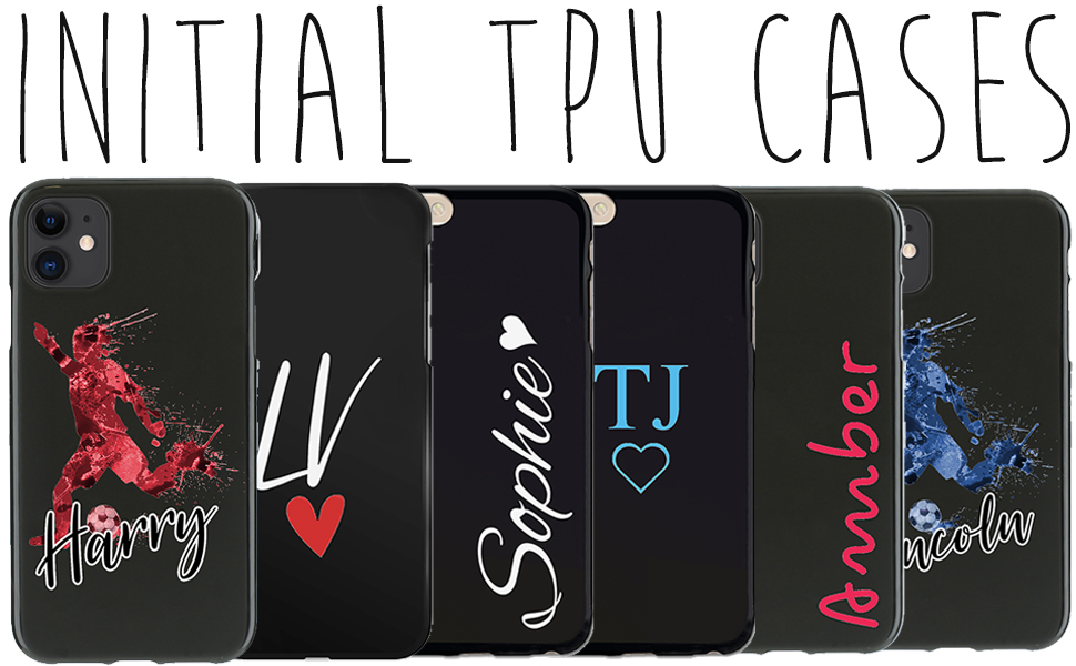Collection of personalized phone cases displaying names and initials in various designs and colors against a black background.