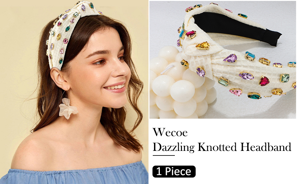 Wecoe 1pc White Knotted Headband Rhinestone Headband For