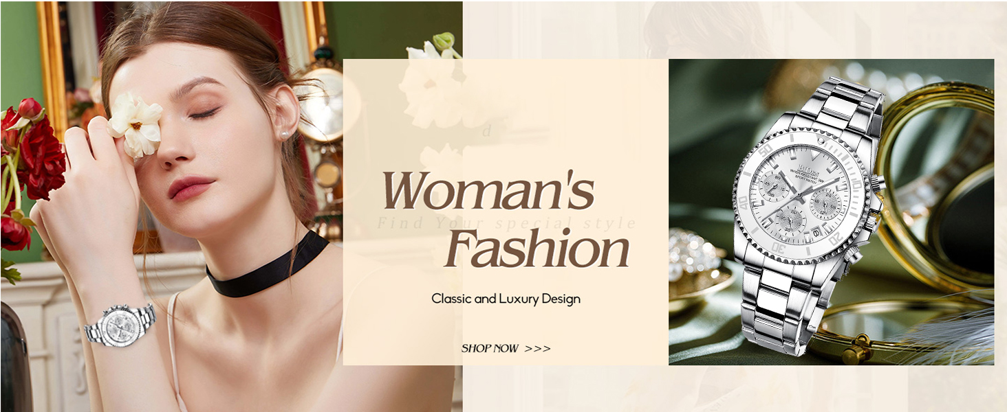 FANMIS Women Elegant Chronograph Rotatable Bezel Mineral Glass Luminous Watch