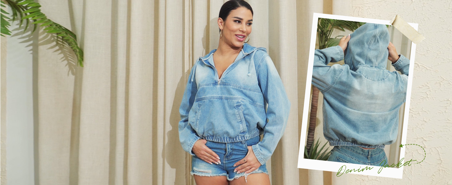 Women&#39;s Half Zip Denim Hoodie