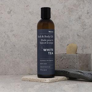 massage oil, bath oil, body oil, white tea, amenities, spa, bath and body, skin care, skincare