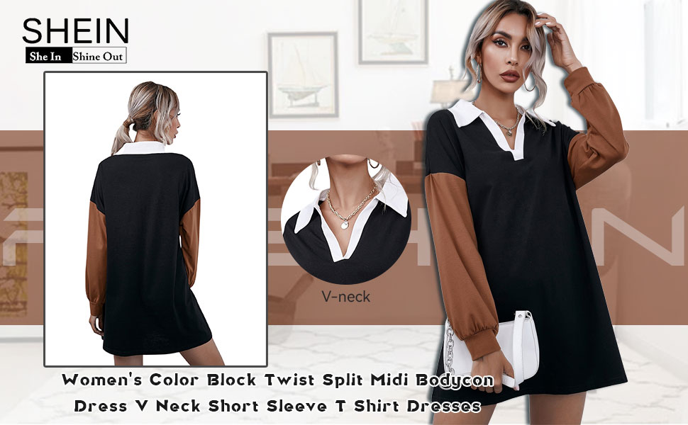 Color Block Long Sleeve V Neck Collar Sweatshirt Short Tee Dress
