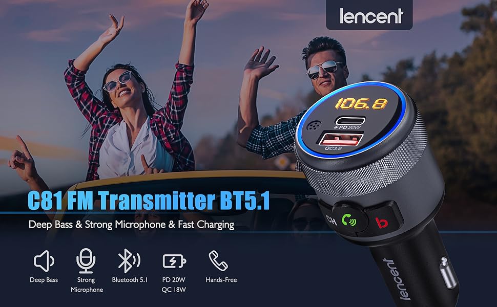 LENCENT Car FM Transmitter, Wireless Bluetooth 5.1 Radio Adapter Car