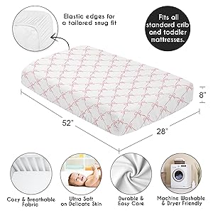 dimensions of pink bow crib sheet 