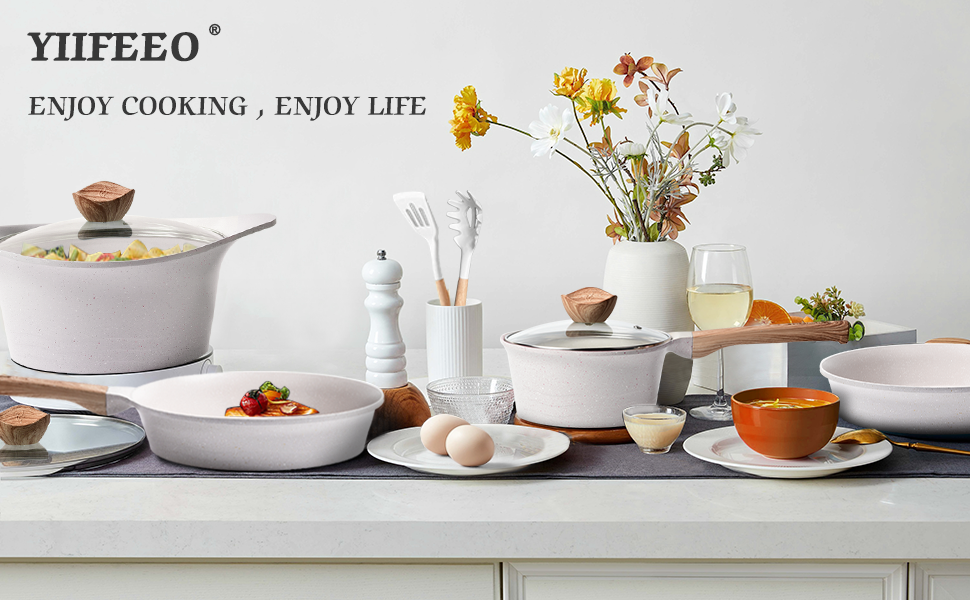 YIIFEEO Pans and Pots Set Nonstick, White Granite Cookware