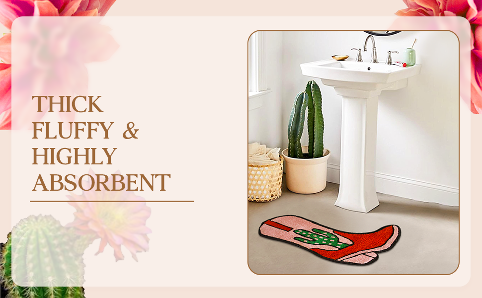 Cowboy Boot Bath Mat - 33" x 20" Western Boot Shaped Rug with Pink. Rust. and Green Cactus Design